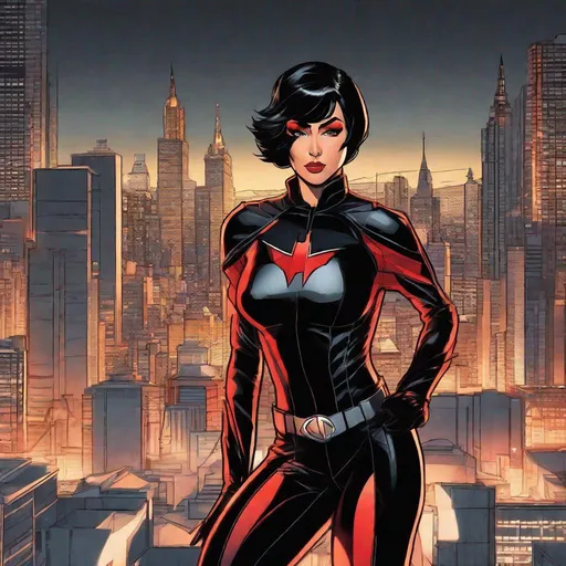 Prompt: full body, standing pose, female superhero with short black hair and red eyes, tanned skin, wearing a tight  black bat themed uniform , drawn by dan mora, modern age detail, high detail, dramatic lighting, city landscape, art in the style of dan mora