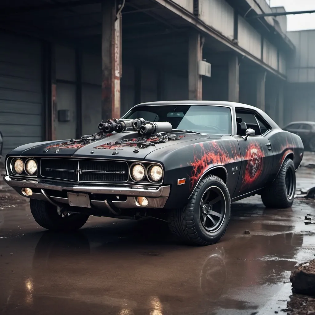 Prompt: a muscle car that looks apocalyptic with cyber weapons.