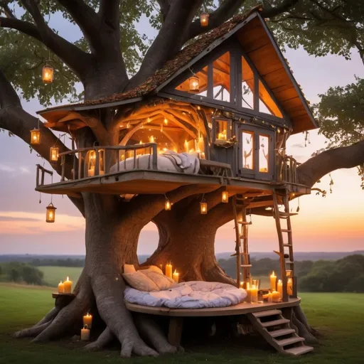 Prompt: A beautiful artistic creative tree house, its cozy and full of candles and candle lights with a bug window open a fat cat sleeping 