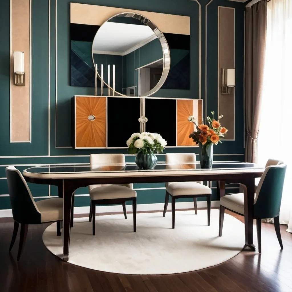 Prompt: a dining room with a table and chairs and a mirror on the wall above it and a table with a vase on it, Enguerrand Quarton, art deco, modern art deco, an art deco painting