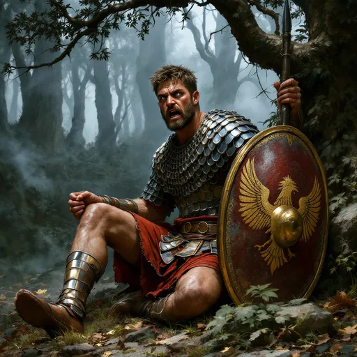 Prompt: An Imperial Roman legionary dressed in detailed chain mail armor, a red tunic underneath. The Roman Legionary is seated on the ground with knee bent, facing right. Spear and shield nearby, left hand holding chest, expression shock. Forest and fog in the background.