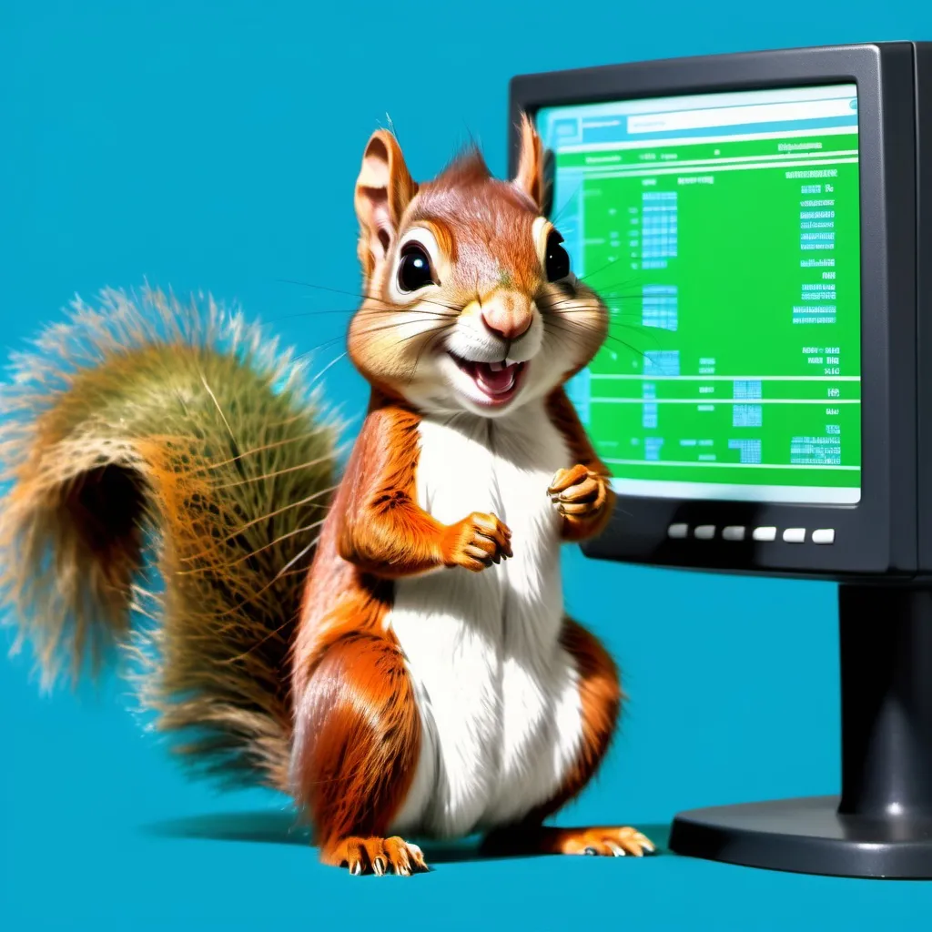 Prompt: A smiling squirrel looking after a database on a blue and green background, with a crt screen