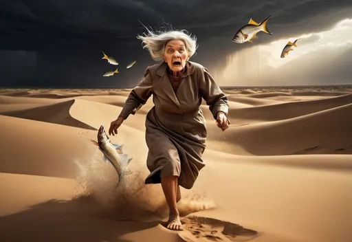 Prompt: Raining fish in desert with old woman running away in fear