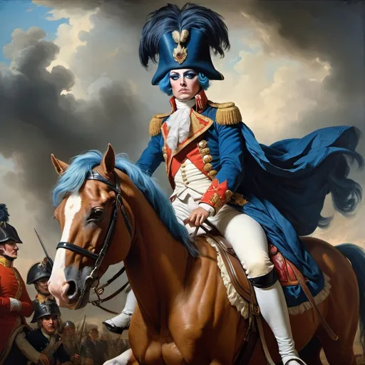 Prompt: Epic oil painting of drag queen Napoleon on war pony, pre-battle of Waterloo, blue dyed hair, nose piercing, historical, grandiose, detailed, high quality, oil painting, dramatic lighting, war scene, majestic, regal, intense gaze, powerful, solemn atmosphere
