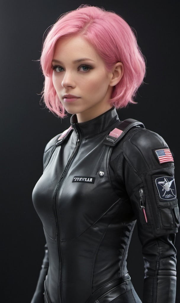 Prompt: female astronaut black suit pink hair