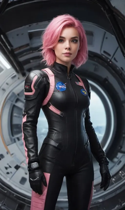 Prompt: female astronaut black suit pink hair