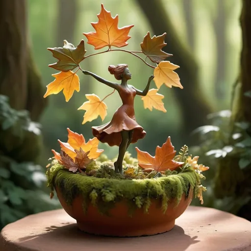 Prompt: A whimsical miniature figure composed of delicately arranged autumn leaves, poised in a carefree dance on the rim of a weathered, moss-covered terracotta pot, set against a lush, vibrant forest backdrop. Dappled sunlight filters through the canopy above, casting intricate shadows. The overall aesthetic is ethereal, with warm, earthy tones of sienna, umber, and olive green, infused with hints of emerald and golden light, evoking a sense of wonder and enchantment, as if plucked from a fantastical realm. The leaves, elongated to enhance their height, glisten with droplets of water, adding to the magical, dreamy atmosphere.