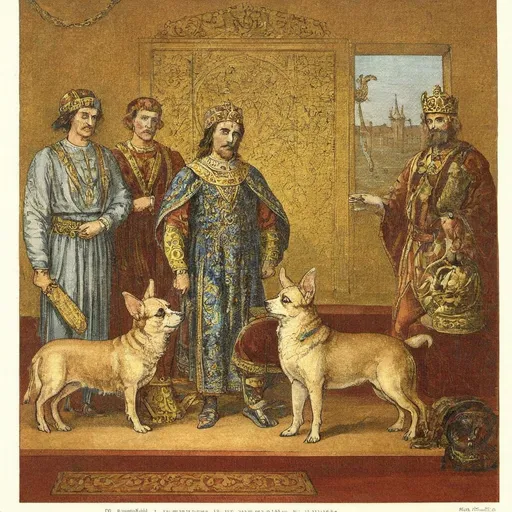 Prompt: (small chihuahua posed as a king), serious expression, front right leg crippled, majestic throne, surrounded by (gold details), two worshippers, man and woman peasants, adoring posture, grand ambiance, ornate background, lavish decorations, warm tones, (ultra-detailed), high quality, emphasis on canine royalty and loyalty, dramatic lighting highlighting the chihuahua’s features.