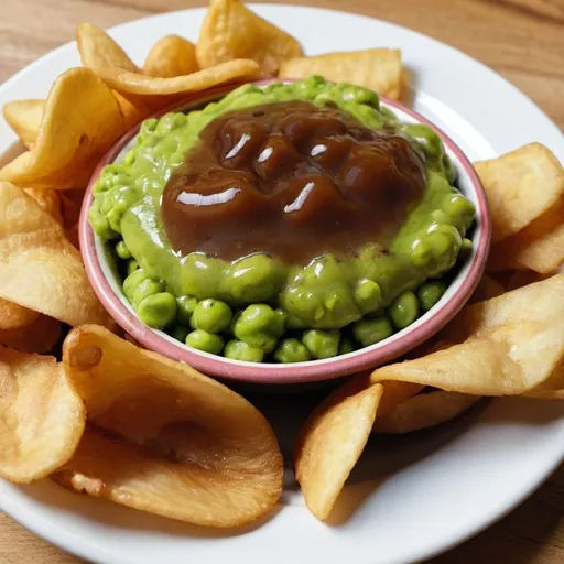 Prompt: chips with mushy peas, gravy and vinegar. 