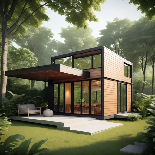 Prompt: Modern modular house, 323 square feet, impressive large windows, sleek wooden exterior, welcoming small porch, nestled amidst vibrant greenery, lush trees and plants surrounding the structure, harmonious blend of nature and architecture, airy and bright atmosphere, capturing contemporary minimalist design, ultra-detailed, high-quality, inviting and serene ambiance.