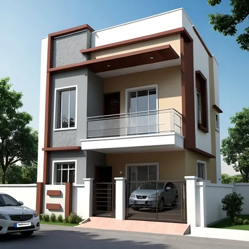 Prompt: A double storey house with parking for car east facing in 27 x 36 feet area