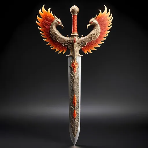 Prompt: 

"A majestic sword designed to resemble a Phoenix. The blade is slightly curved and emanates fiery flames, giving it a glowing, ethereal appearance. The hilt is ornate, with intricate feather patterns and a vivid color scheme of red, orange, and gold. The guard is shaped like Phoenix wings, spreading out gracefully. The pommel resembles a Phoenix head, with detailed engravings to highlight its features. The overall design is elegant and fierce, capturing the essence of a mythical firebird."

