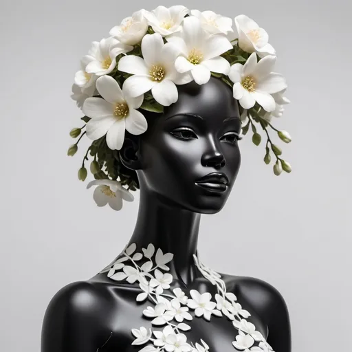 Prompt: (black Female Mannequin), adorned with (lush white flowers) interwoven throughout her head and body, vibrant and elegant composition, striking contrast, soft light illuminating the floral details, creating an enchanting atmosphere, minimalist white background emphasizes the subject, creating a modern and artistic vibe, ultra-detailed and high quality, inviting a sense of beauty and serenity.