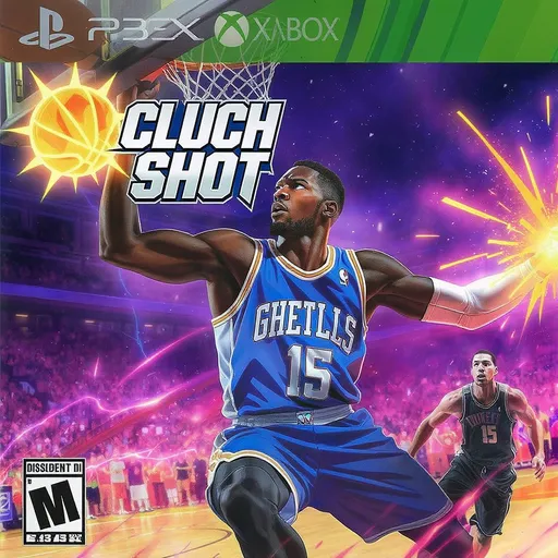 Prompt: make me a thumbnail for a new sports video game, add all this information that i give onto the cover. the name of the game is clutch shot Platform: PC, Xbox, PlayStation, Nintendo Switch  Rating: ★★★★☆ (4.3 / 5)  Price: $29.99 USD Ace "Skyfire" Jackson  Position: Shooting Guard  Style: High-flying dunker & 3-point sniper. Please folow the copy right tules and put the rating and the price of the game on the cover get rid of all the logos and add the god damm price
