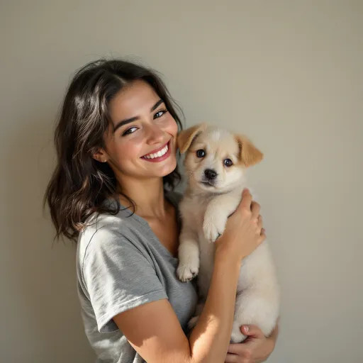 Prompt: Bathed in soft, natural light, a young woman stands with a joyful expression, cradling an adorable light-colored puppy in her arms. The puppy, with its big, curious eyes and floppy ears, appears slightly apprehensive yet intrigued as it gazes up at her. The woman's casual gray t-shirt contrasts gently with her dark hair and warm skin tone, emphasizing her happiness and affection in this intimate moment. Behind them, a textured wall in muted tones serves as a simple backdrop, highlighting the tenderness of their bond and capturing a serene, joyful atmosphere.
