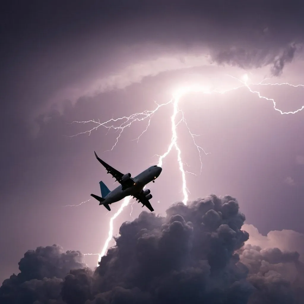 Prompt: A Plane in the sky being struck by litenings, a storm in the background