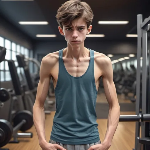 Prompt: generate a 3d ultra high resolution image of a skinny boy teenager at the gym while being upset