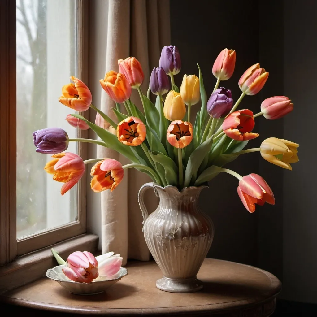 Prompt: A Dutch still life of an arrangement of tulips in a fluted vase. The lighting is subtle, casting gentle highlights on the flowers and emphasizing their delicate details and natural beauty. lady sitting next to this vase and enjoing the nature from window