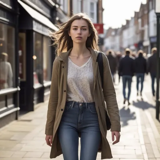 Prompt: Tall young woman walking down the high street, detailed clothing, realistic, natural lighting