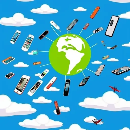 Prompt: a lot of mobile phone are flying around the Earth