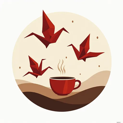 Prompt: Create an image of coffee shop with red paper cranes logo must be round and esthetic colours should be red brown caramel white backgroud
With shope name paper crane kopitam
