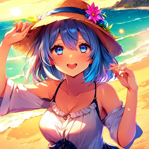Prompt: anime, masterpiece, high quality, beautiful, colorful, beaming, blue hair, short hair, blue eyes