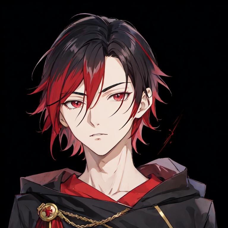 Prompt: male anime character, caracteristics of red dragon, hair mainly black, part of the hair red
