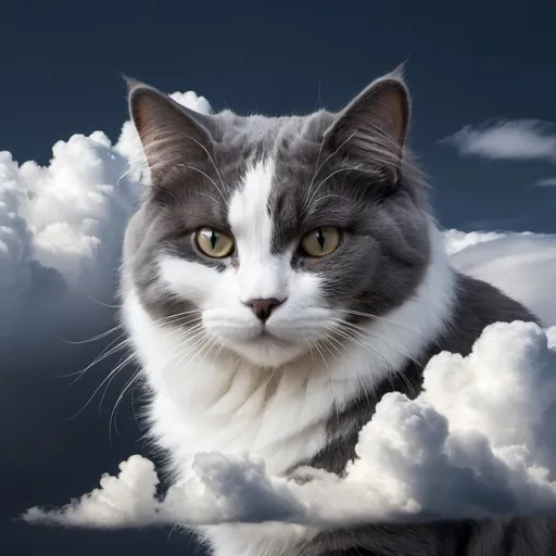 Prompt: fluffy dark grey and white cat face cloud formation 