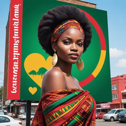 Prompt: The image features a 50ft tall cylindrical billboard in the center of a picturesque African town, showcasing a striking visual of an African woman. She has a bold, nearly-shaven hairstyle and wears a vibrant Kente summer gown with a witch-inspired design in black, red, gold, and green. The woman cradles a radiant red heart to her chest, and her gaze is intense and captivating.

The background reveals a charming town with a few buildings, trees, and streets, creating a serene ambiance. The modern billboard contrasts with the quaint town, generating a unique visual dichotomy.

The tagline "EMERGING FASHION TRENDS" is prominently displayed at the top of the billboard in bold, eye-catching letters, making it easily readable from a distance. The image exudes a sense of empowerment, magic, and love, drawing attention to the billboard's message.