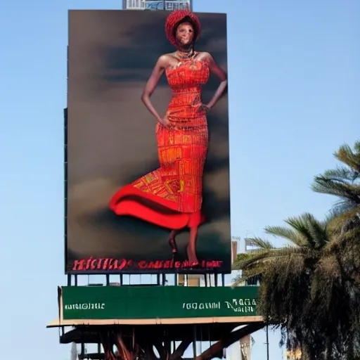 Prompt: The image features a 50ft tall cylindrical billboard in the center of a picturesque African town, showcasing a striking visual of an African woman. She has a bold, nearly-shaven hairstyle and wears a vibrant Kente summer gown with a witch-inspired design in black, red, gold, and green. The woman cradles a radiant red heart to her chest, and her gaze is intense and captivating.

The background reveals a charming town with a few buildings, trees, and streets, creating a serene ambiance. The modern billboard contrasts with the quaint town, generating a unique visual dichotomy.

The tagline "EMERGING FASHION TRENDS" is prominently displayed at the top of the billboard in bold, eye-catching letters, making it easily readable from a distance. The image exudes a sense of empowerment, magic, and love, drawing attention to the billboard's message.