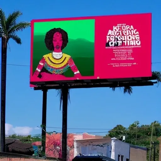 Prompt: The image features a 50ft tall cylindrical billboard in the center of a picturesque African town, showcasing a striking visual of an African woman. She has a bold, nearly-shaven hairstyle and wears a vibrant Kente summer gown with a witch-inspired design in black, red, gold, and green. The woman cradles a radiant red heart to her chest, and her gaze is intense and captivating.

The background reveals a charming town with a few buildings, trees, and streets, creating a serene ambiance. The modern billboard contrasts with the quaint town, generating a unique visual dichotomy.

The tagline "EMERGING FASHION TRENDS" is prominently displayed at the top of the billboard in bold, eye-catching letters, making it easily readable from a distance. The image exudes a sense of empowerment, magic, and love, drawing attention to the billboard's message.