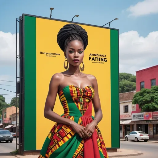 Prompt: The image features a 50ft tall cylindrical billboard in the center of a picturesque African town, showcasing a striking visual of an African woman. She has a bold, nearly-shaven hairstyle and wears a vibrant Kente summer gown with a witch-inspired design in black, red, gold, and green. The woman cradles a radiant red heart to her chest, and her gaze is intense and captivating.

The background reveals a charming town with a few buildings, trees, and streets, creating a serene ambiance. The modern billboard contrasts with the quaint town, generating a unique visual dichotomy.

The tagline "EMERGING FASHION TRENDS" is prominently displayed at the top of the billboard in bold, eye-catching letters, making it easily readable from a distance. The image exudes a sense of empowerment, magic, and love, drawing attention to the billboard's message.