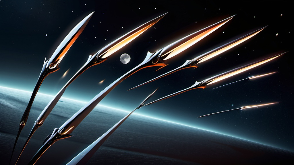 Prompt: Illustration of 15 futuristic spears flying horizontally in outerspace with highspeed, dark sky, dark space, moon