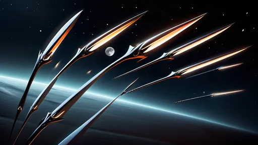 Prompt: Illustration of 15 futuristic spears flying horizontally in outerspace with highspeed, dark sky, dark space, moon