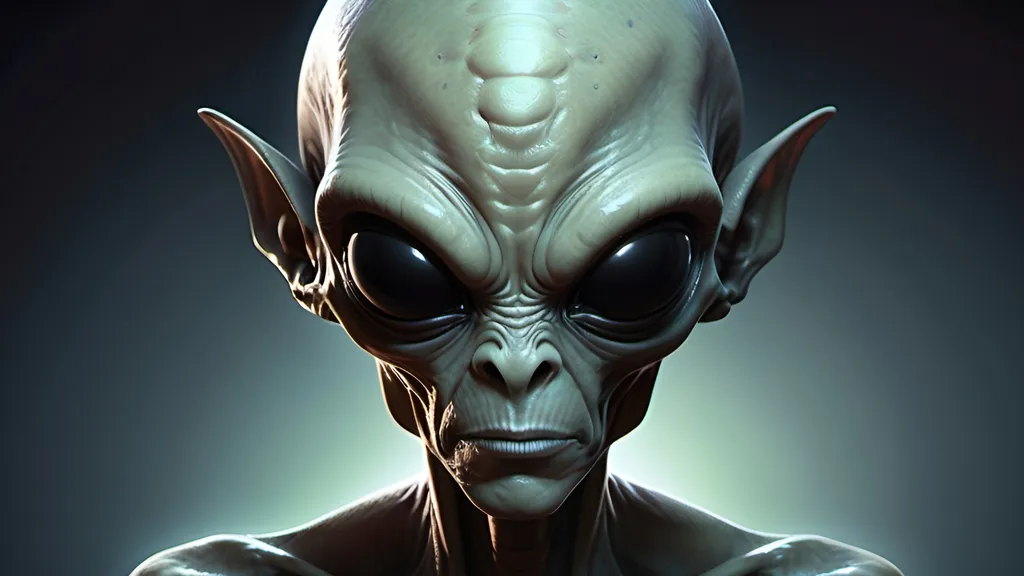 Prompt: illustration of an alien with a huge head and forehead, has a sharp chin, with black edged-narrowed eyes