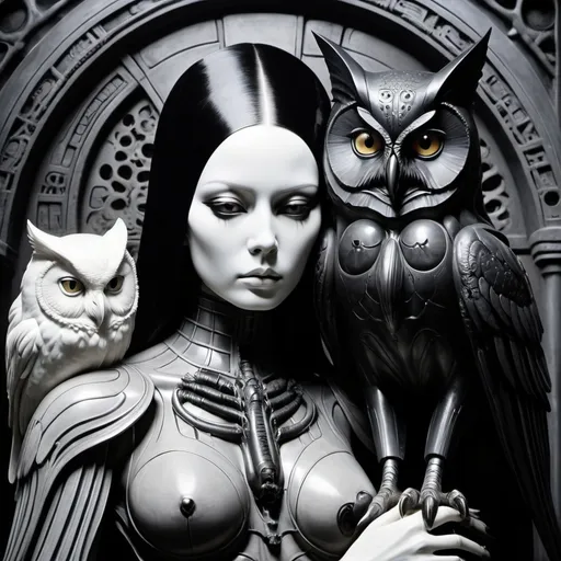 Prompt: black cat and white owl  jing jang h.r.giger