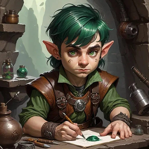 Prompt: dungeons and dragons fantasy art halfling male artificer with dark green hair workshop tinkerer
