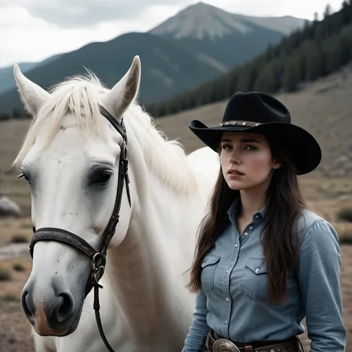 Prompt: A cinematic photo with high contrast and black and white, and aspect ratio 16:9, and a long shot photo in mountain
A young woman with cowboy hat and a white horse in a western movie