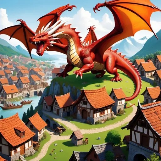 Prompt: A dragon is destroying a village