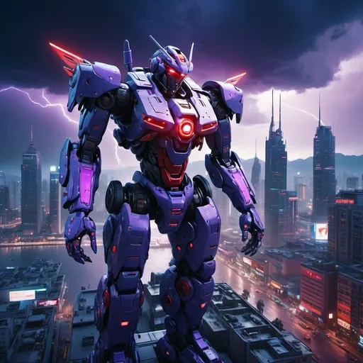 Prompt: Mecha with one red eye, flying over a city, full-body, cinematic render