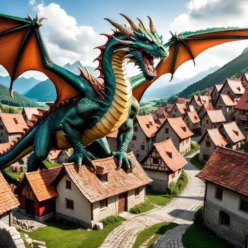 Prompt: A dragon is destroying a village