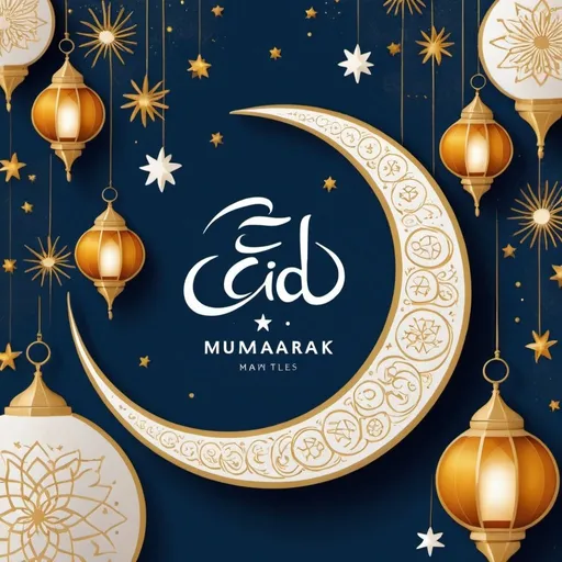 Prompt: Create a festive Eid image for Astra Textiles' social media. The image should feature a vibrant and welcoming design, incorporating elements like crescent moons, stars, and lanterns, which are traditional symbols of Eid. Use a color palette with rich blues, golds, and whites. Include the text 'Eid Mubarak from Astra Textiles' in an elegant, easy-to-read font. Ensure the design conveys a sense of celebration, warmth, and community. The image should be clean, modern, and professional to align with a corporate social media post.