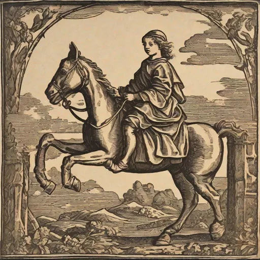 Prompt: a renaissance style  wood cut of a   child riding a  horse