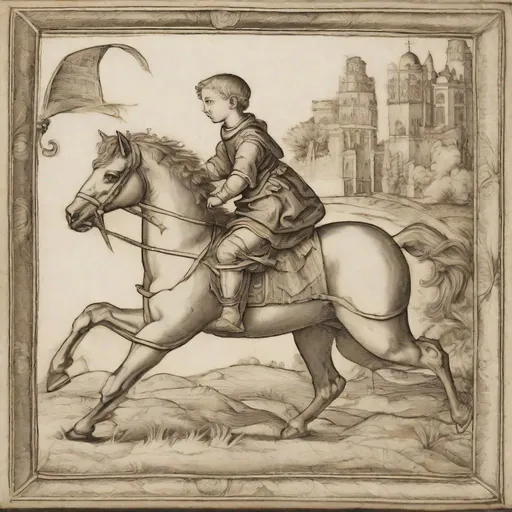 Prompt:  a renaissance style quill drawn picture of a child riding a horse 
