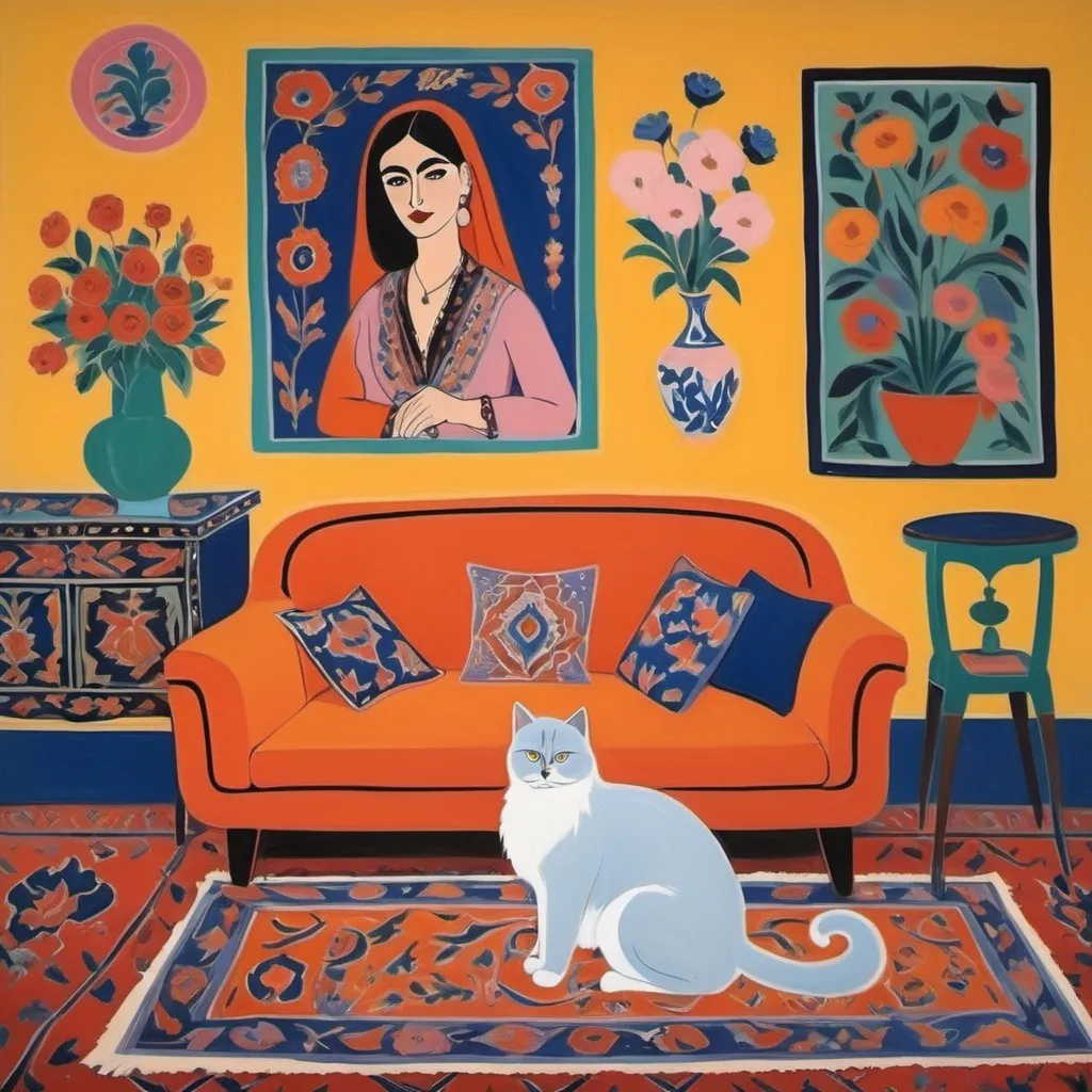 Prompt: A painting of a Persian woman in her Iranian style living room with Persian rug and mid century style furniture and a Persian cat and some flowers painted by Henri Matisse