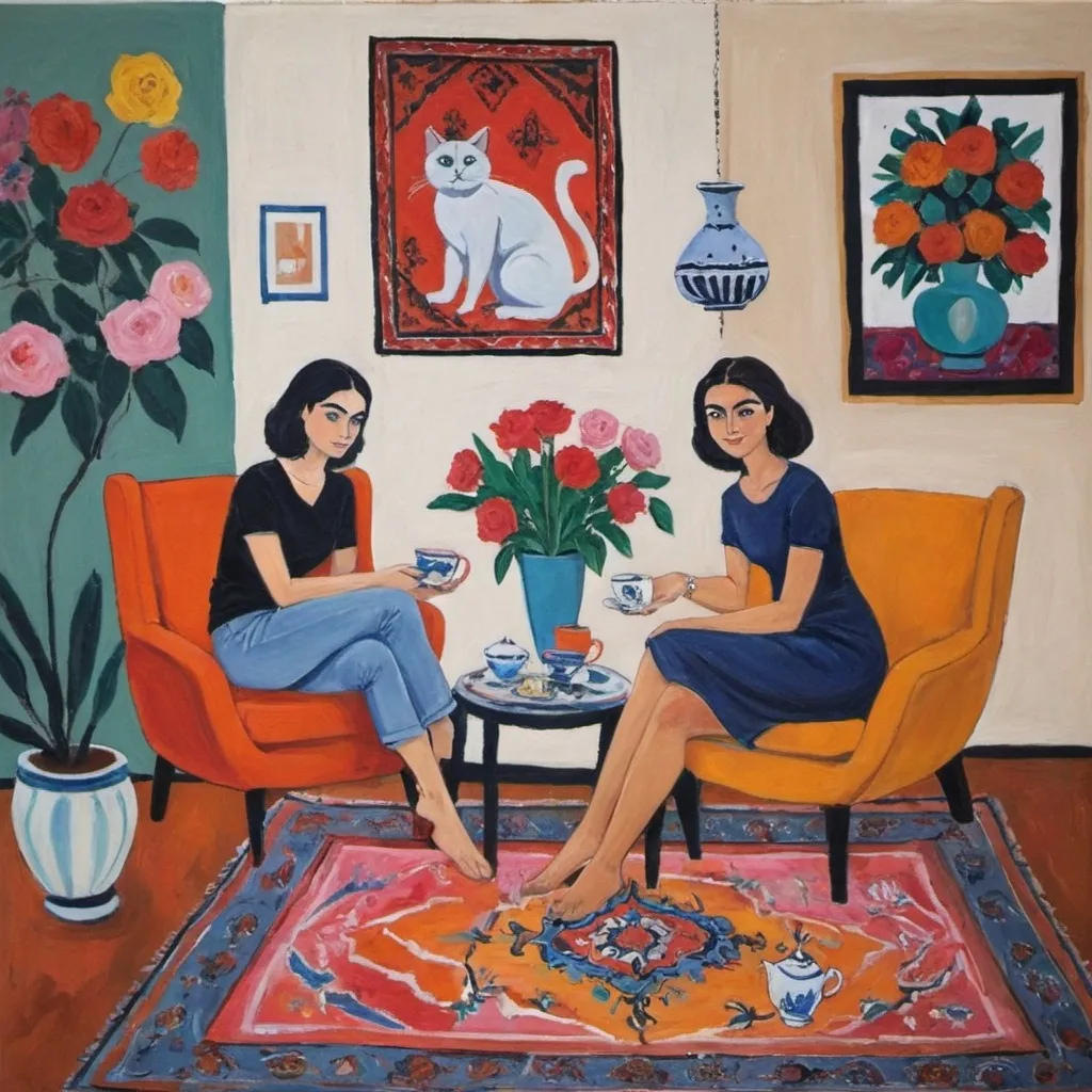 Prompt: A painting of a two young Persian women one with long her the other one with short hair, one wearing t-shirt and jeans the other one wearing a short dress, having tea in her Iranian style living room with Persian rug and mid century style furniture and a Persian cat and some flowers painted by Henri Matisse