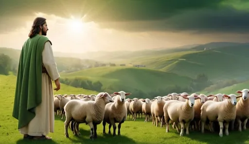 Prompt: Jesus Christ is our lord and god, the savior of mankind, the shepherd, protects animals and people, grazes sheep and goats on a green field