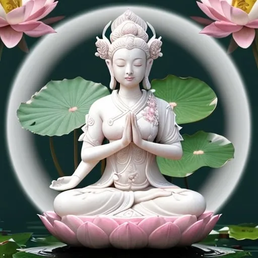 Prompt: 3D wallpaper background, A white jade Chinese Guanyin Bodhisattva, In the lotus pond, Chinese aesthetics, beautiful and peaceful atmosphere, guanyin bodhisattva sitting on lotus flower with bubbles floating around her, hyperrealistic, high resolution, realistic photography, pink and white color theme, high definition photography, intricate skin texture, sitting on top of the lotus flower with hands folded in prayer and eyes closed meditation. The background is pink lotuses floating in water droplets --ar 3:4 --style raw --stylize 500 --v 6.0