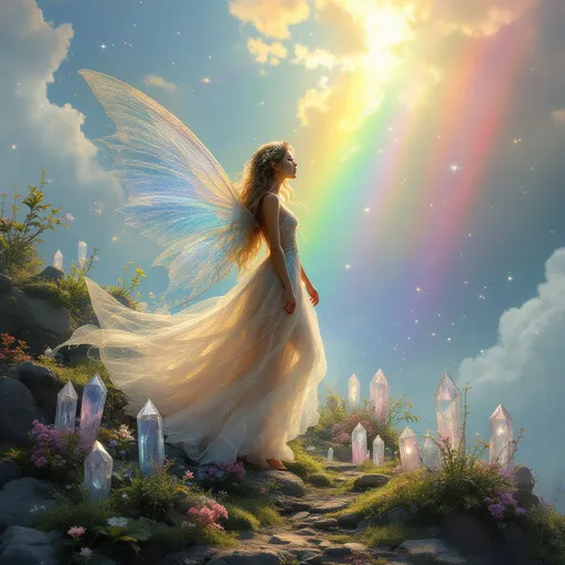 Prompt: Elf princess rainbows in the sky crystals coming up from the ground soft mist in the air ethereal