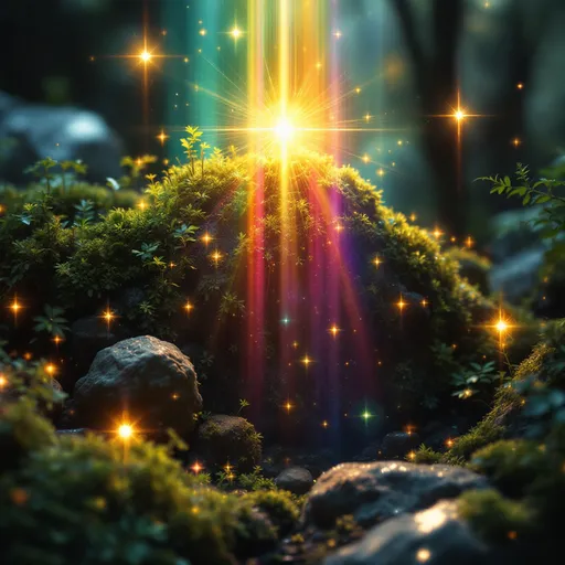 Prompt: glyphs of golden light crystals orbs rainbow lights little tiny sprite fairies and green moss rainbows
